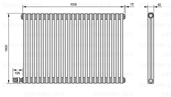 Схема (чертеж) Радиатор Zehnder Charleston 2180/23 №V003 Technoline TL